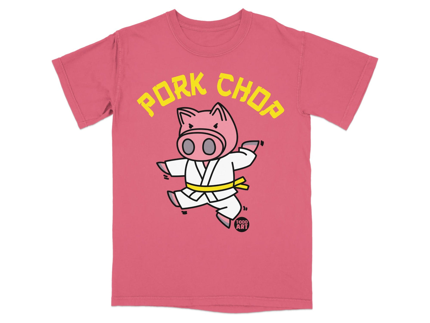 Pink t-shirt with cartoon pig in a karate gi, text "PORK CHOP".