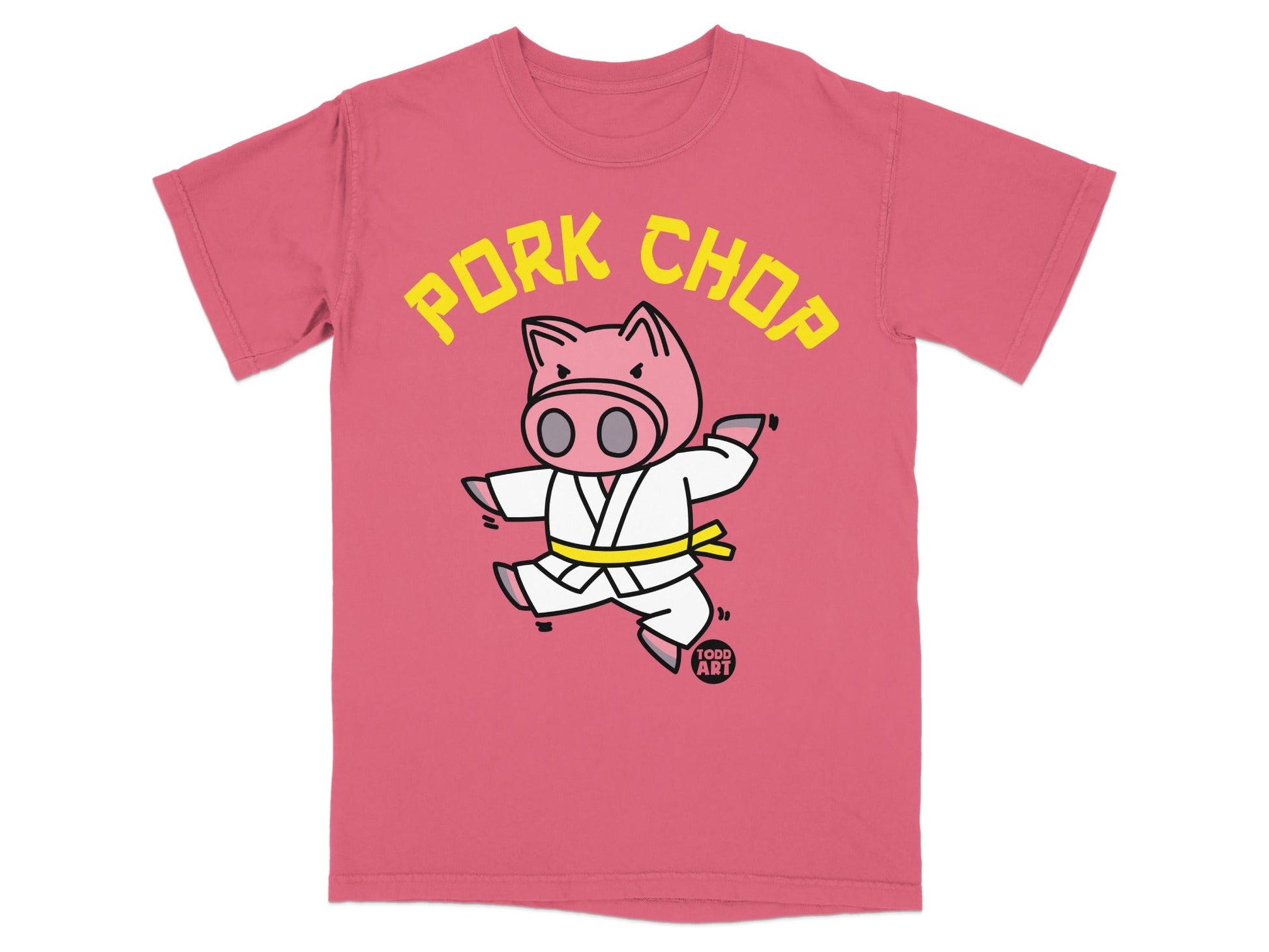 Pink t-shirt with cartoon pig in a karate gi, text "PORK CHOP".