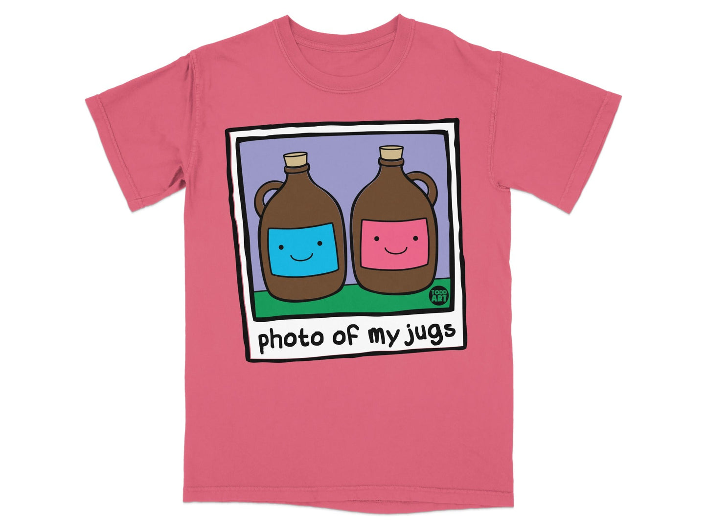 Pink t-shirt with illustration of two jugs, one blue and one pink.