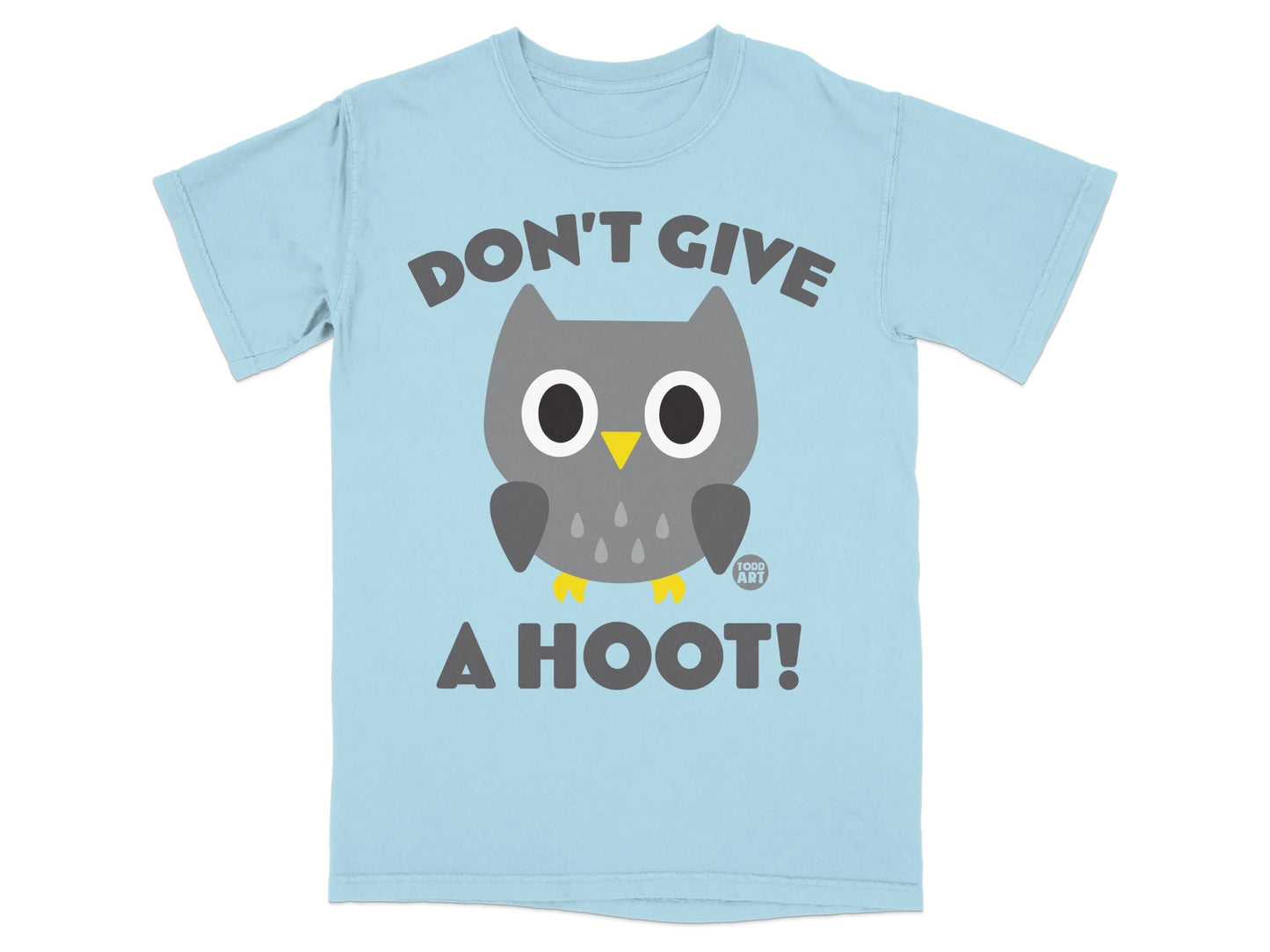 Light blue t-shirt with a cartoon owl and text "DON'T GIVE A HOOT!".