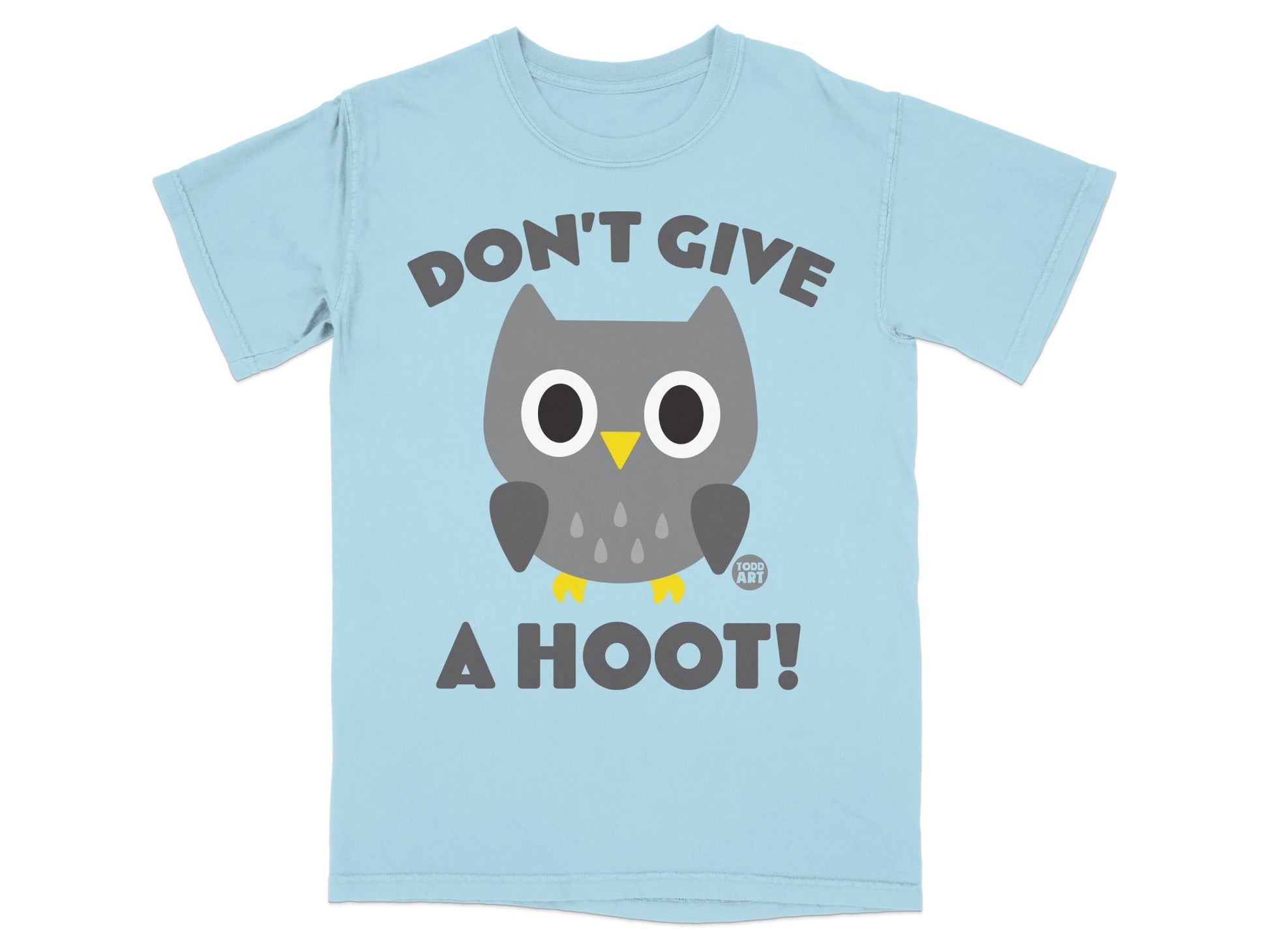 Light blue t-shirt with a cartoon owl and text "DON'T GIVE A HOOT!".