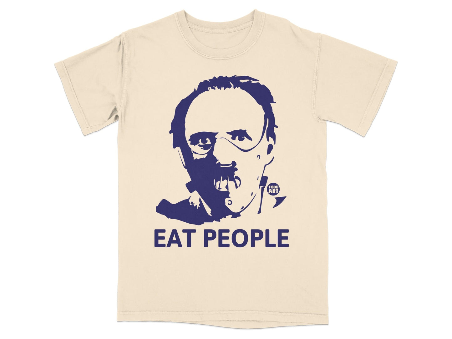 Cream t-shirt with navy blue print of a man's face and "EAT PEOPLE" text.