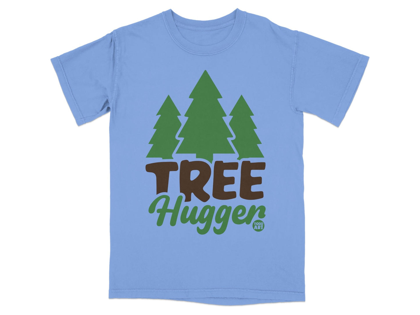 Light blue t-shirt with green trees and "TREE Hugger" text.