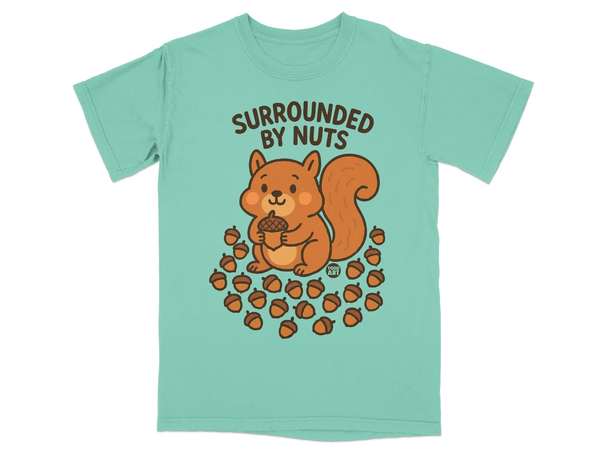 Teal t-shirt with cartoon squirrel holding acorn surrounded by nuts.
