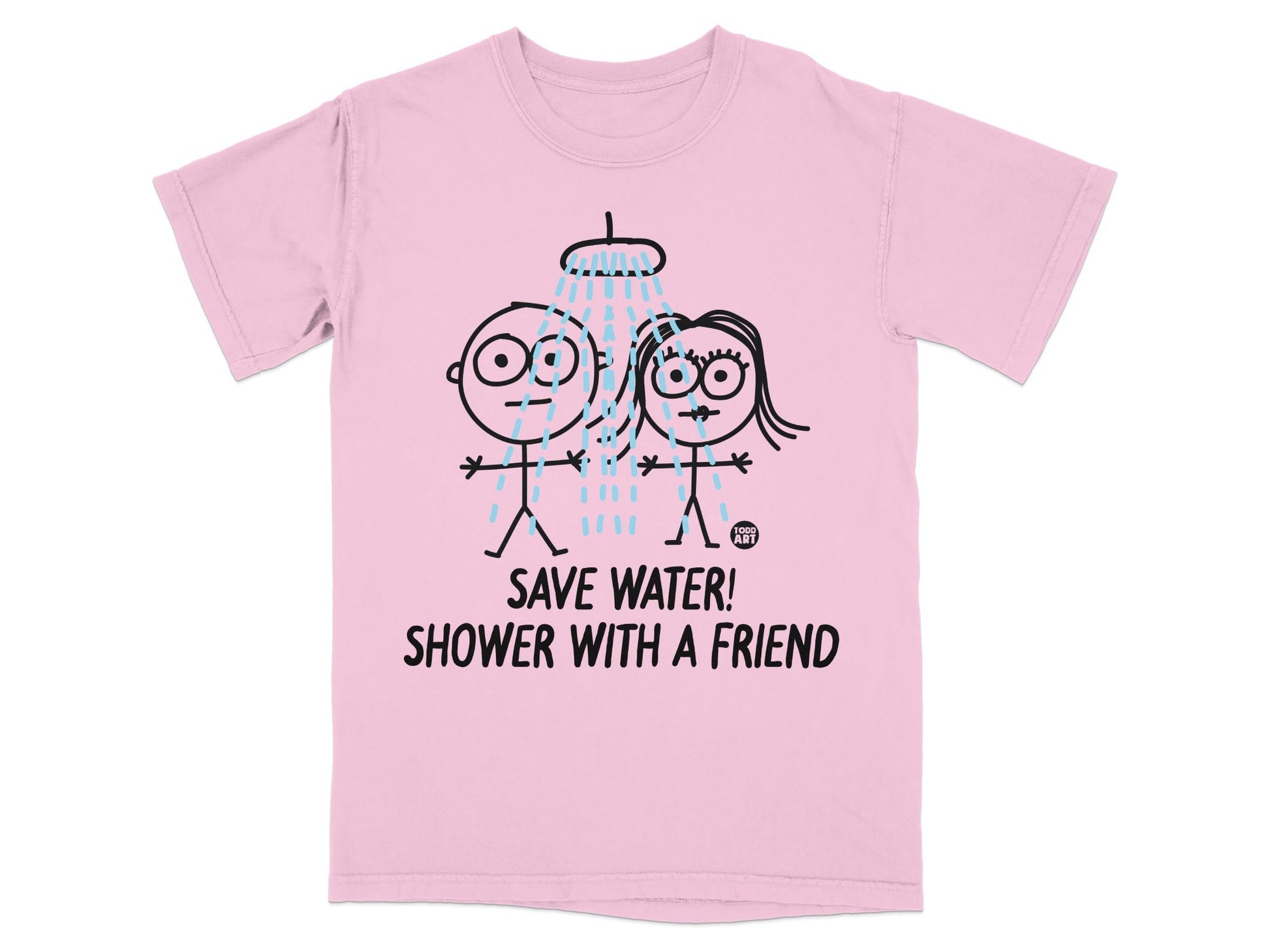 Pink t-shirt with cartoon figures showering together and text "SAVE WATER! SHOWER WITH A FRIEND!".