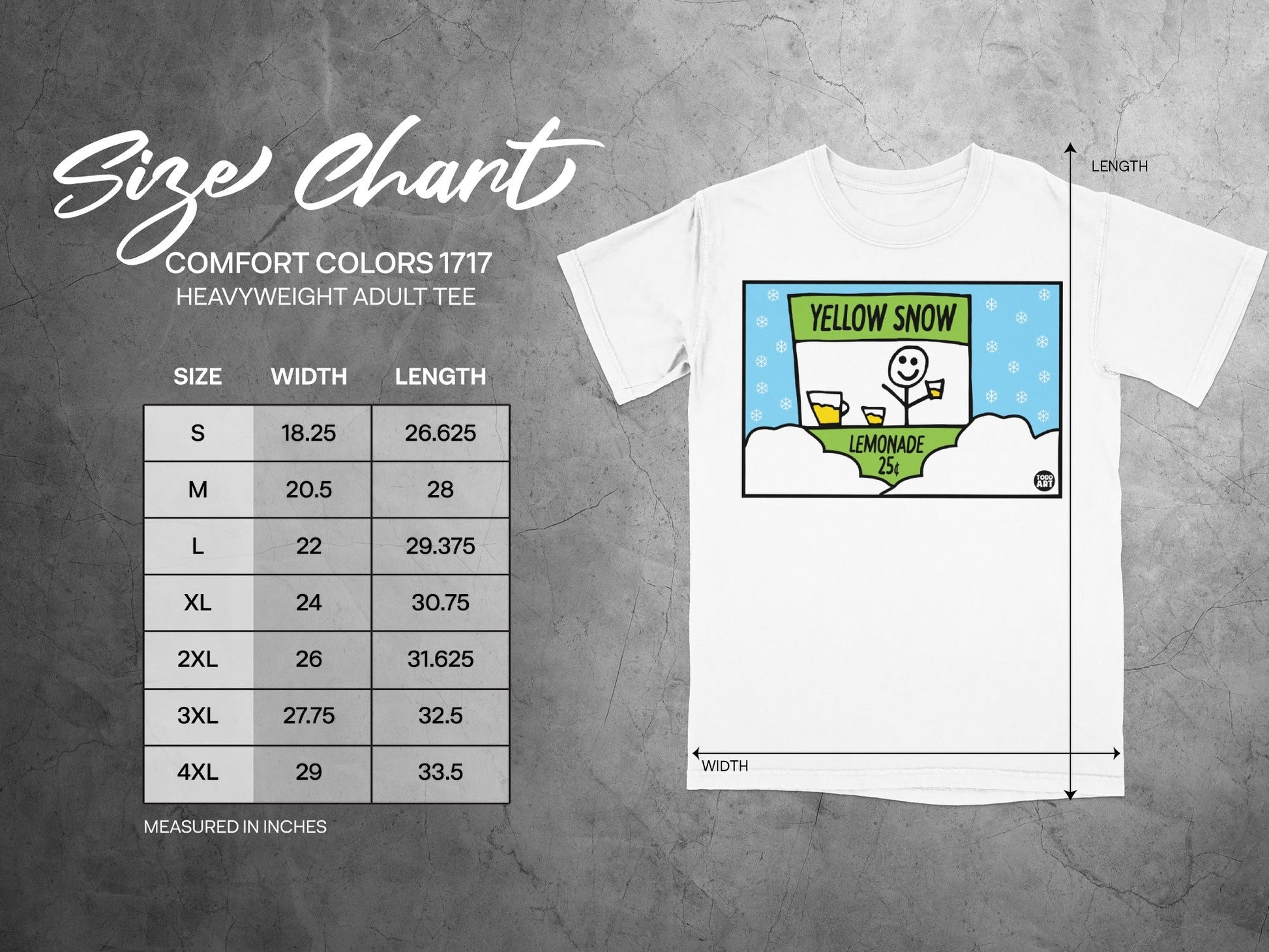 Size chart for Comfort Colors 1717 heavyweight adult tee.