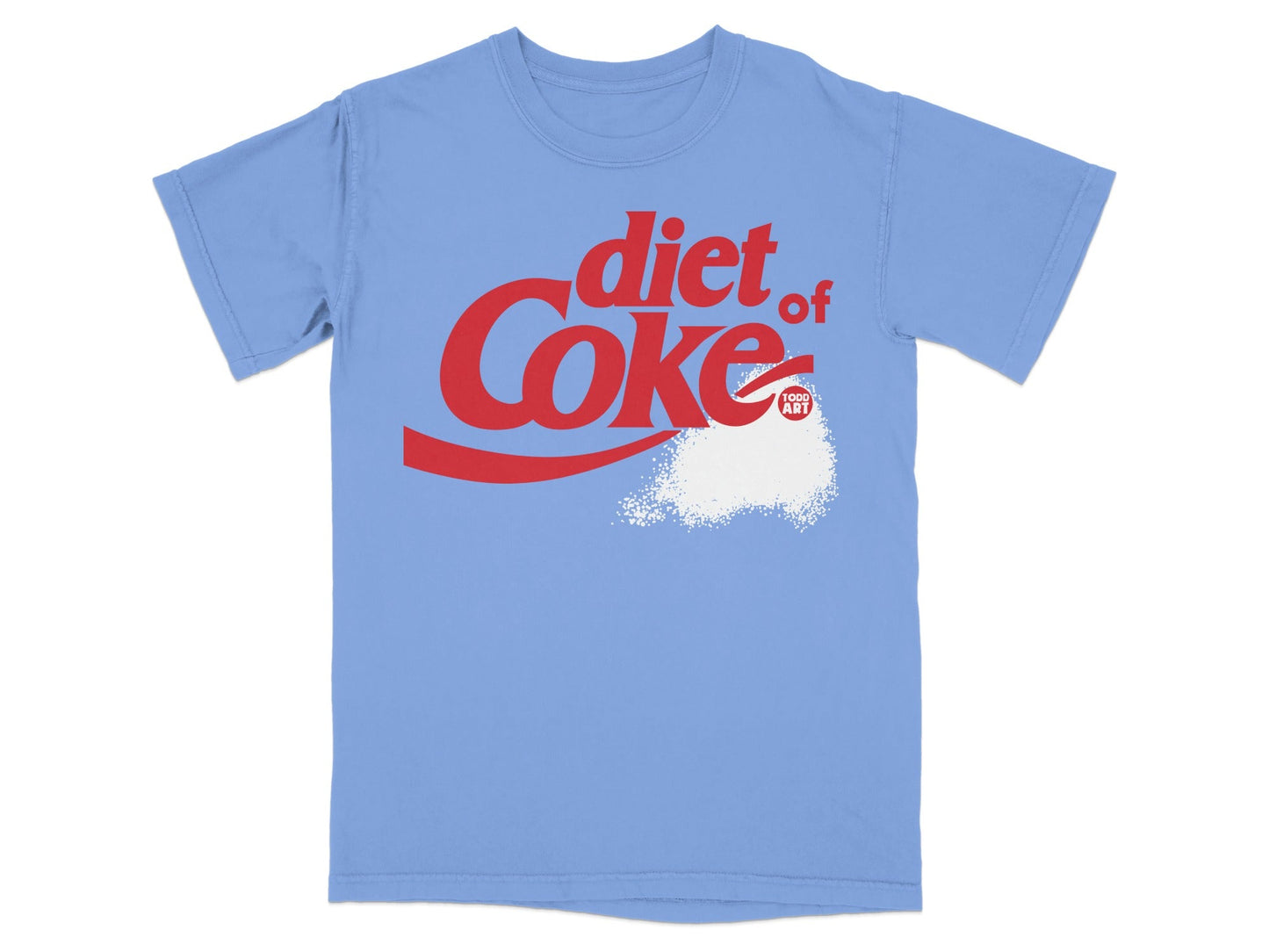 Light blue t-shirt with "diet Coke" logo and white sugar crystals.