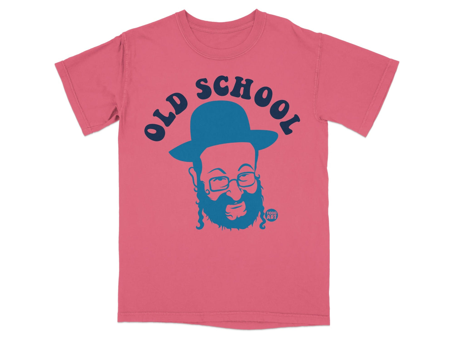 Pink t-shirt with blue graphic of a man wearing a hat and beard.