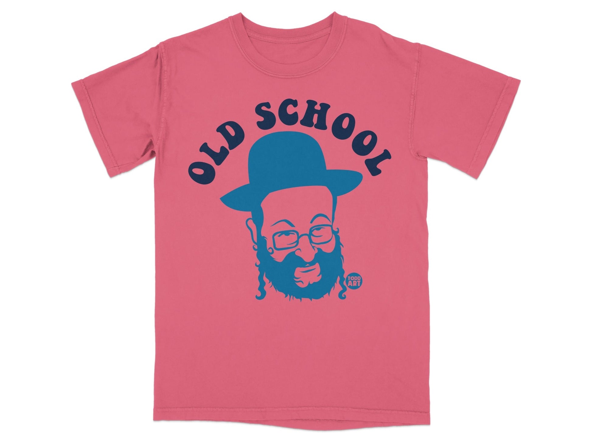 Pink t-shirt with blue graphic of a man wearing a hat and beard.