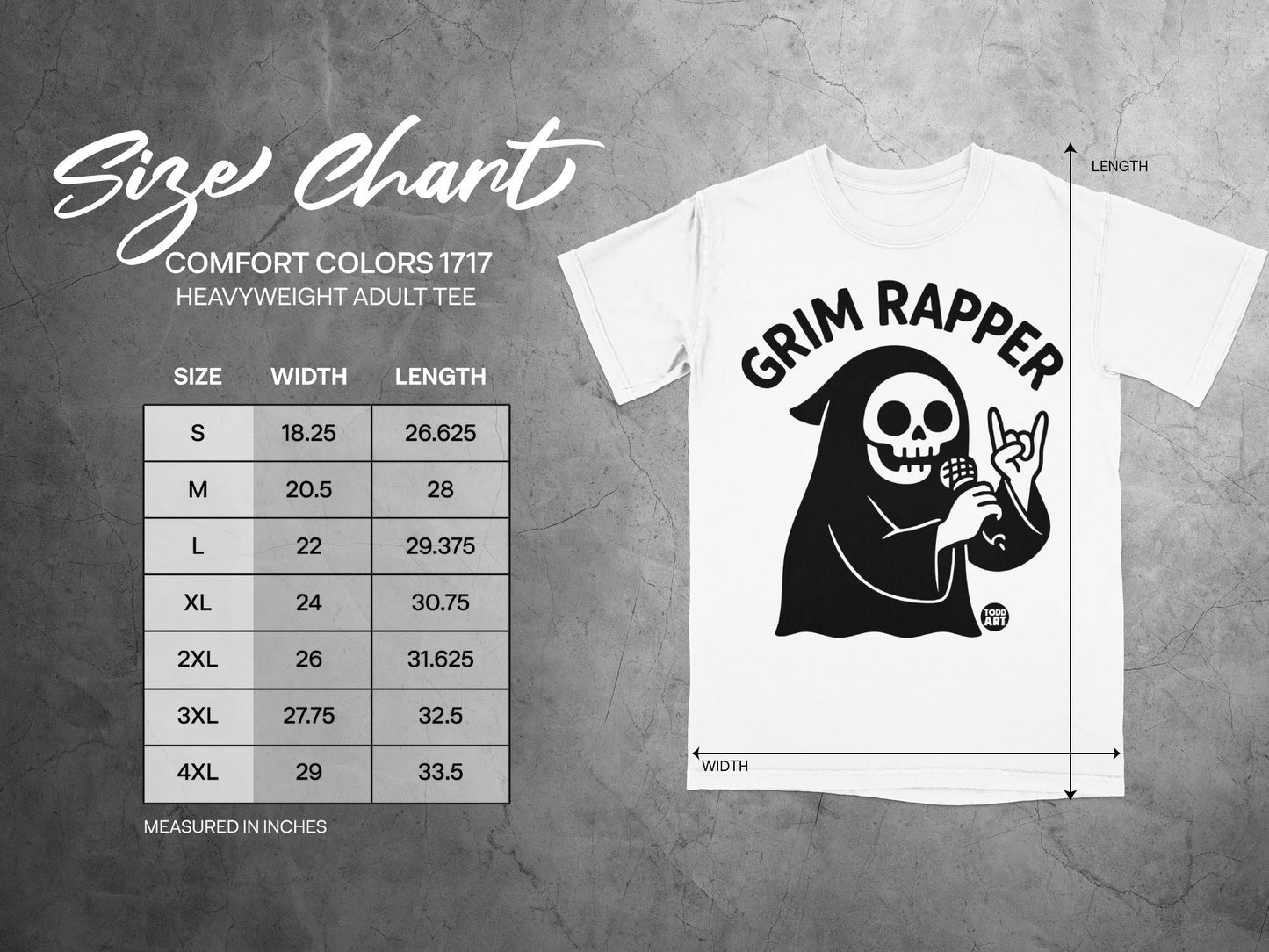 Size chart for Comfort Colors 1717 heavyweight adult tee, showing sizes, width, and length.
