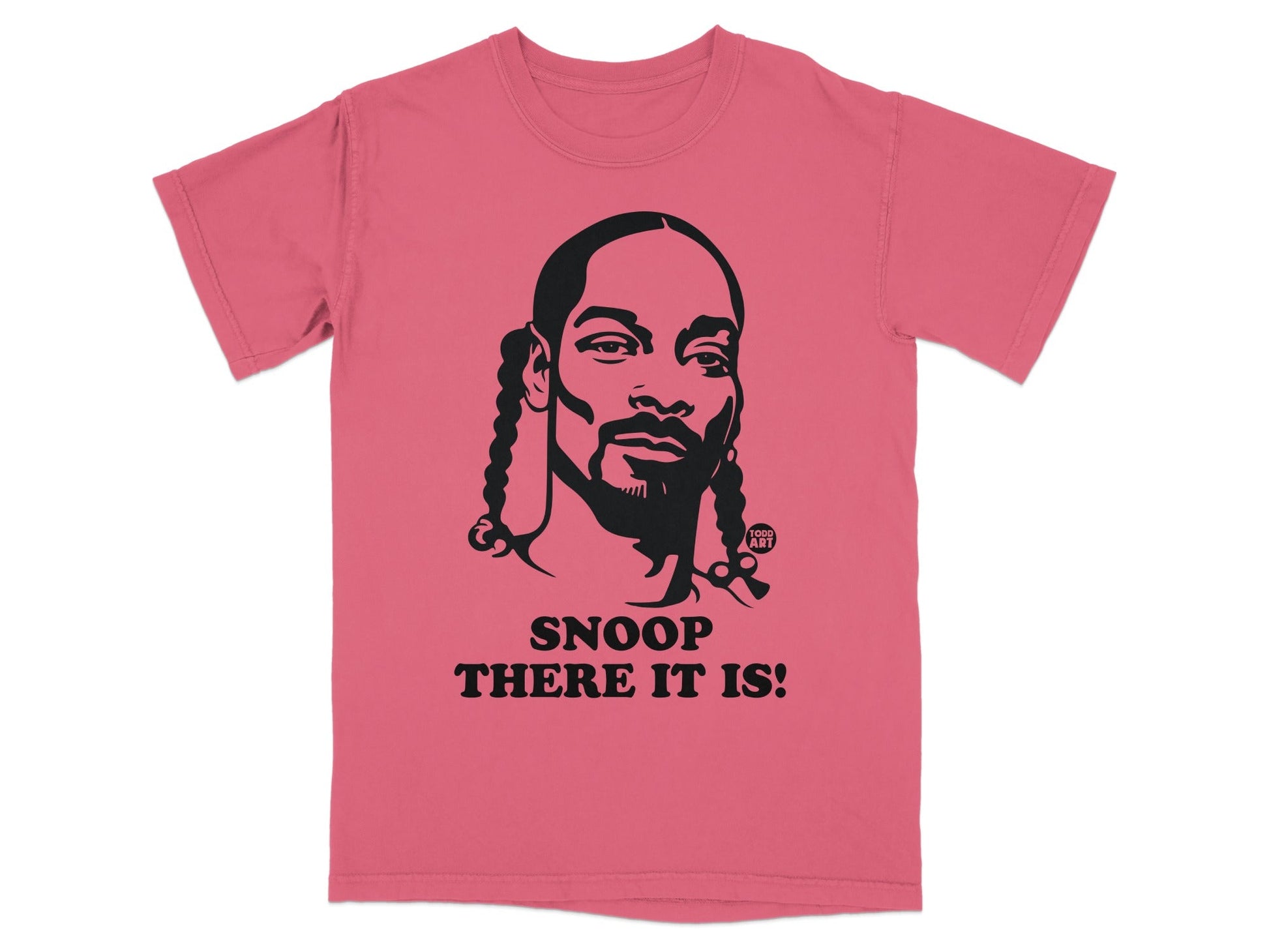Snoop Dogg portrait on a pink t-shirt with text "SNOOP THERE IT IS!".