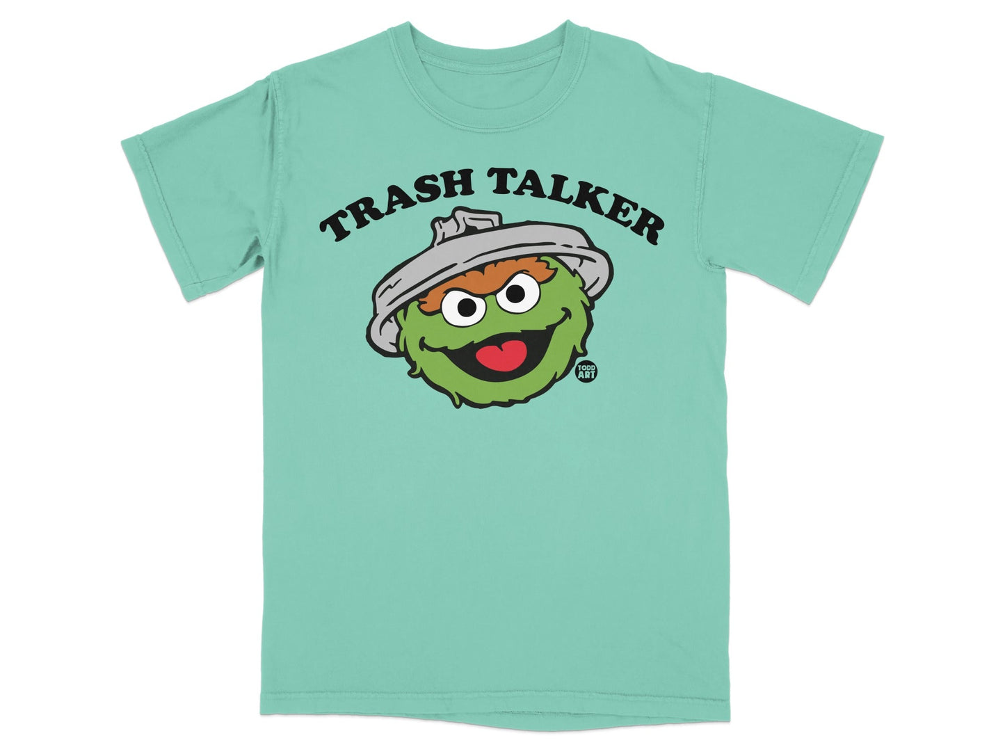 Green t-shirt with Oscar the Grouch from Sesame Street saying "Trash Talker".