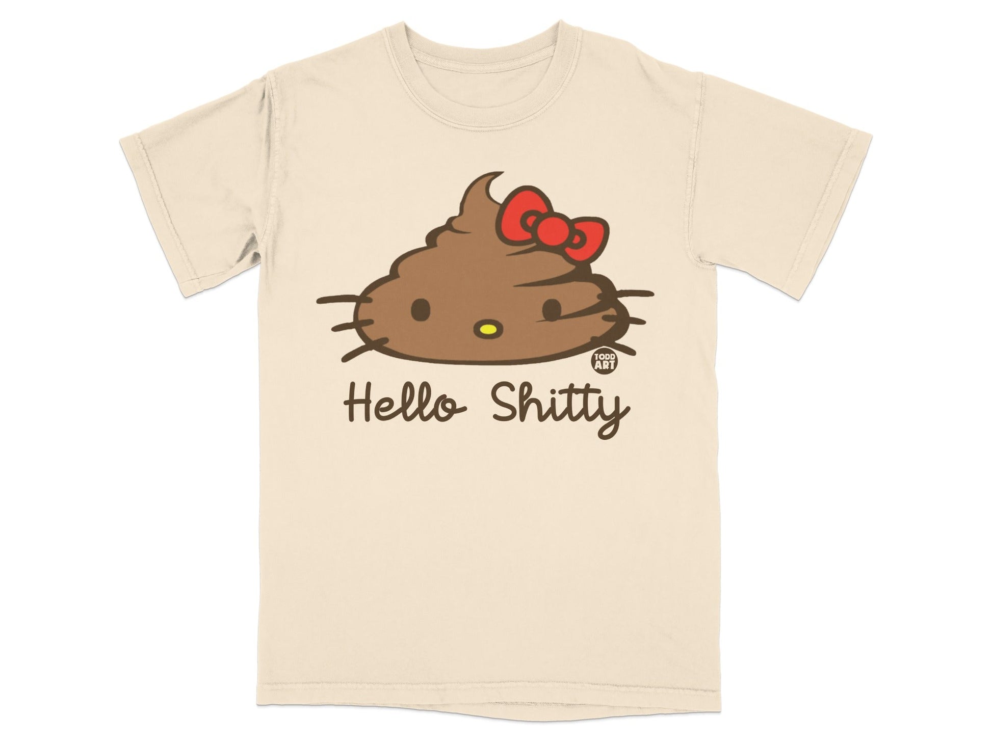 Cream t-shirt with a brown poop emoji wearing a red bow and "Hello Shitty" text.