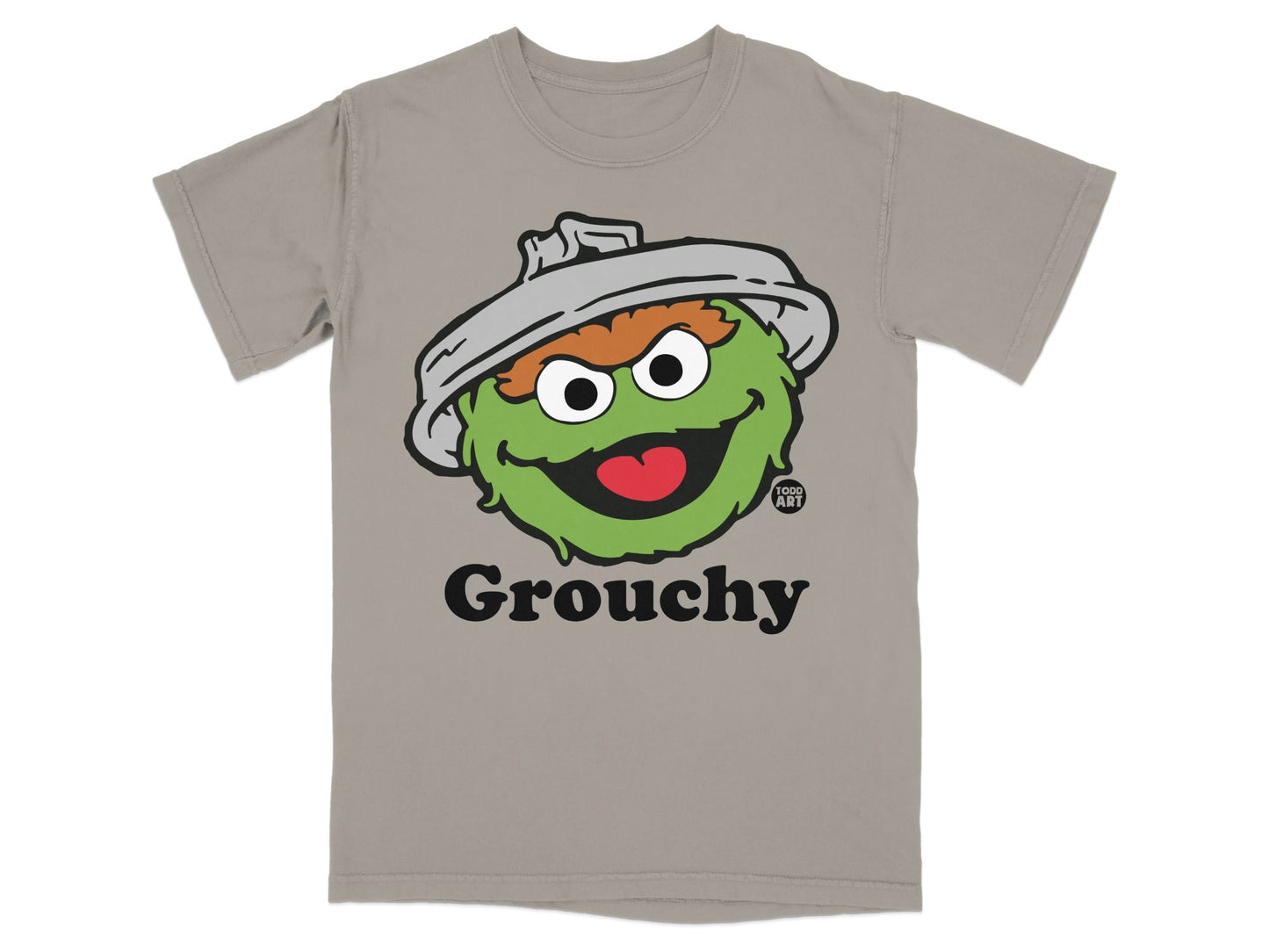 Oscar the Grouch graphic on a grey t-shirt.