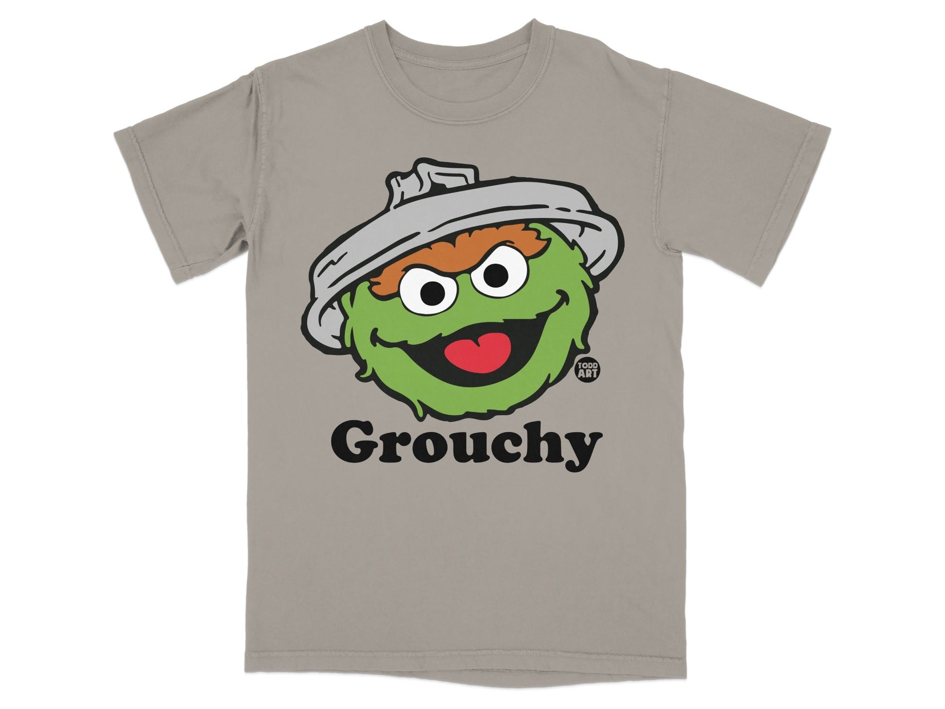 Oscar the Grouch graphic on a grey t-shirt.