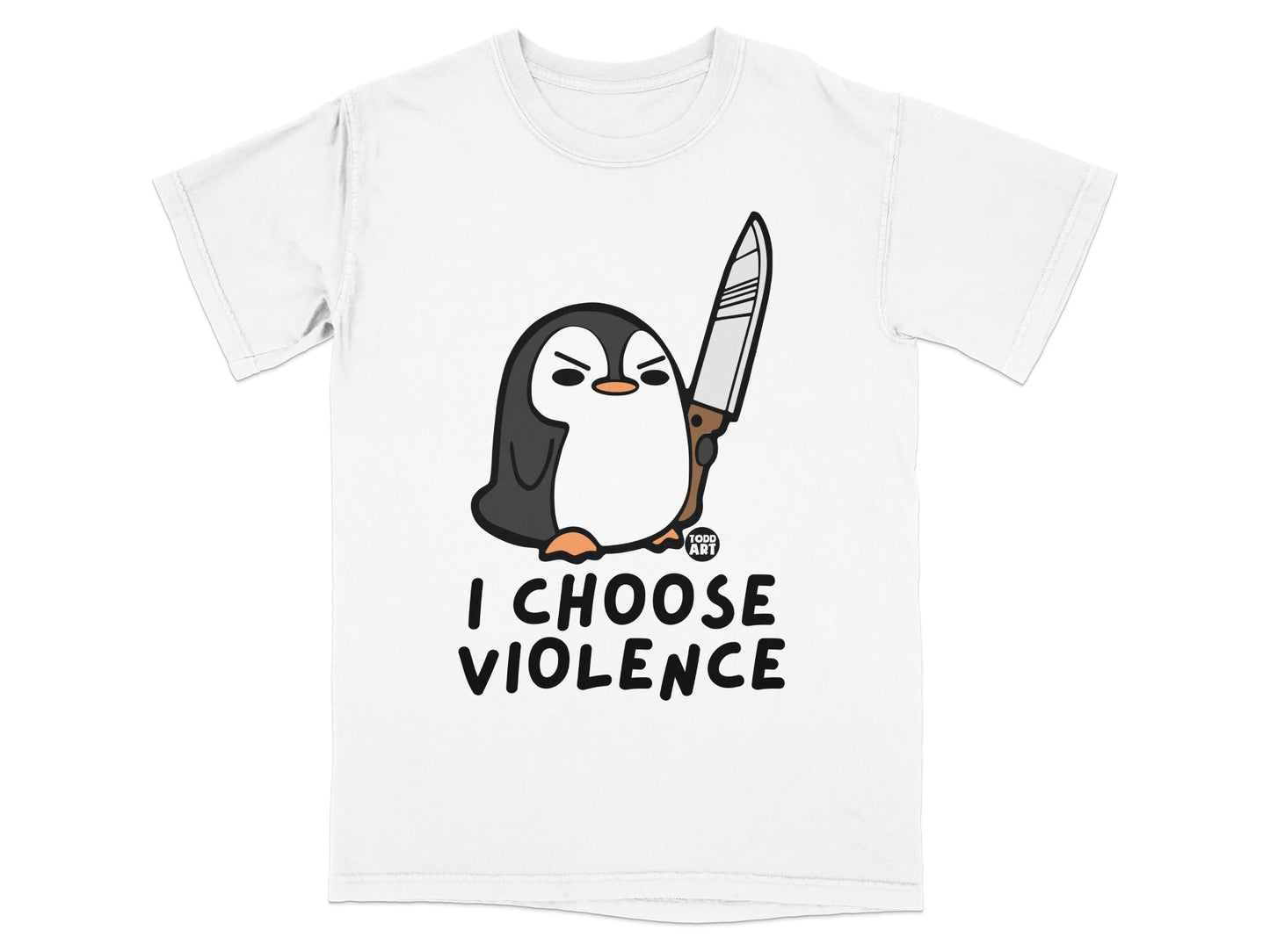 Cute penguin holding a knife with text "I CHOOSE VIOLENCE".