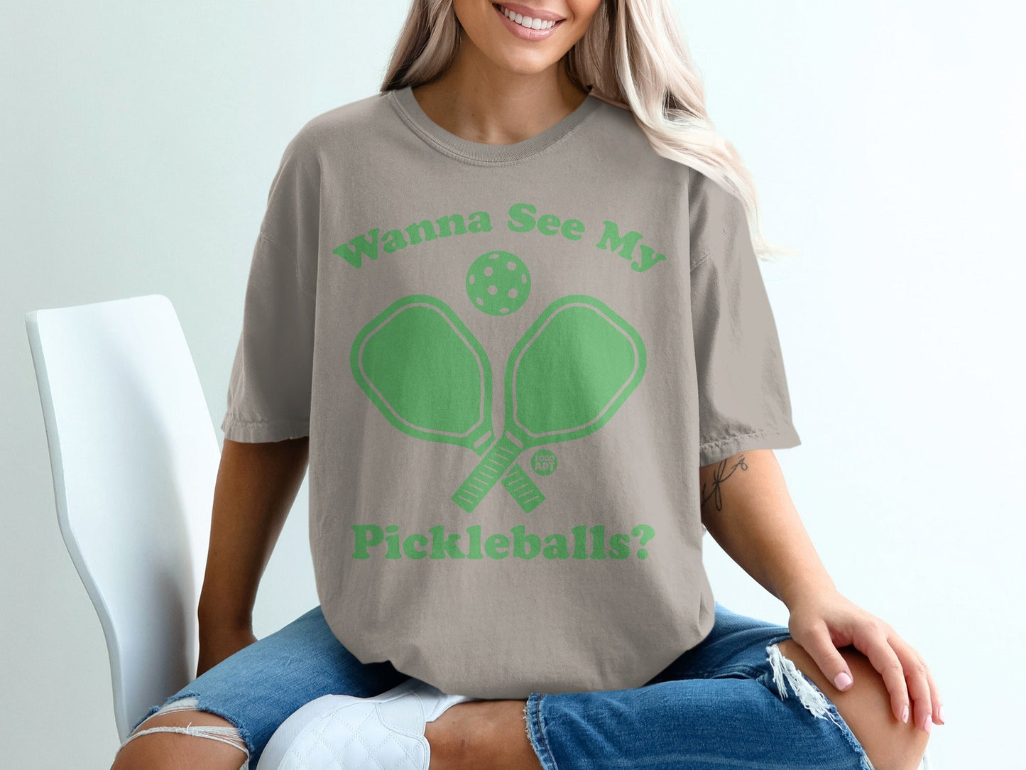 T-shirt with pickleball paddles and text "Wanna See My Pickleballs?".