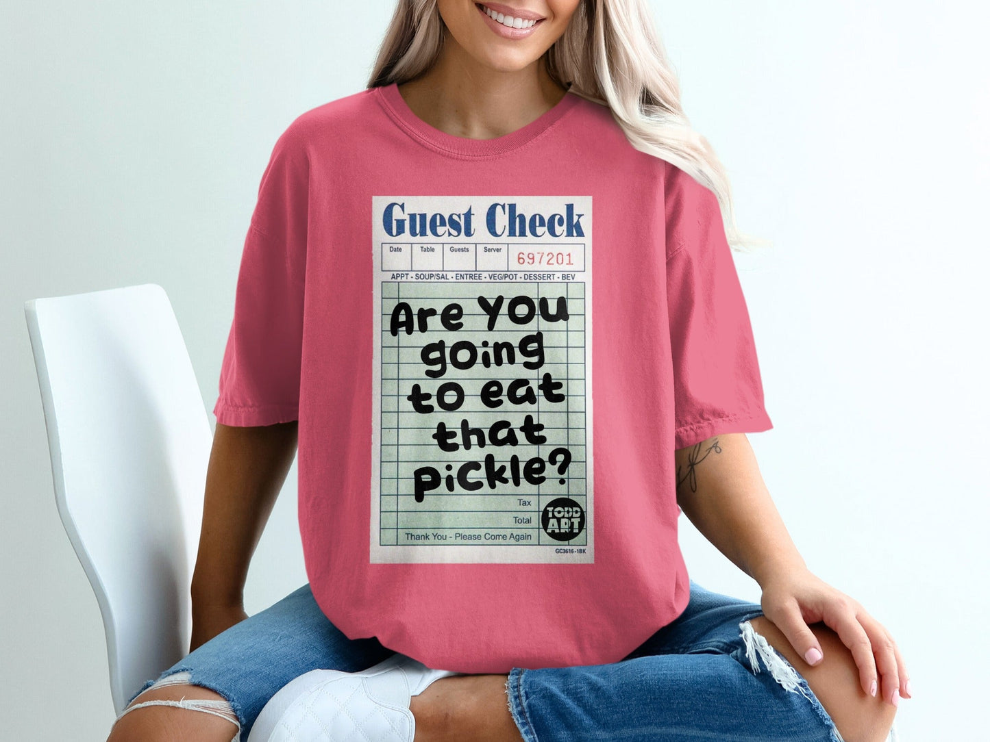 Pink t-shirt with "Guest Check" and "Are you going to eat that Pickle?" text.