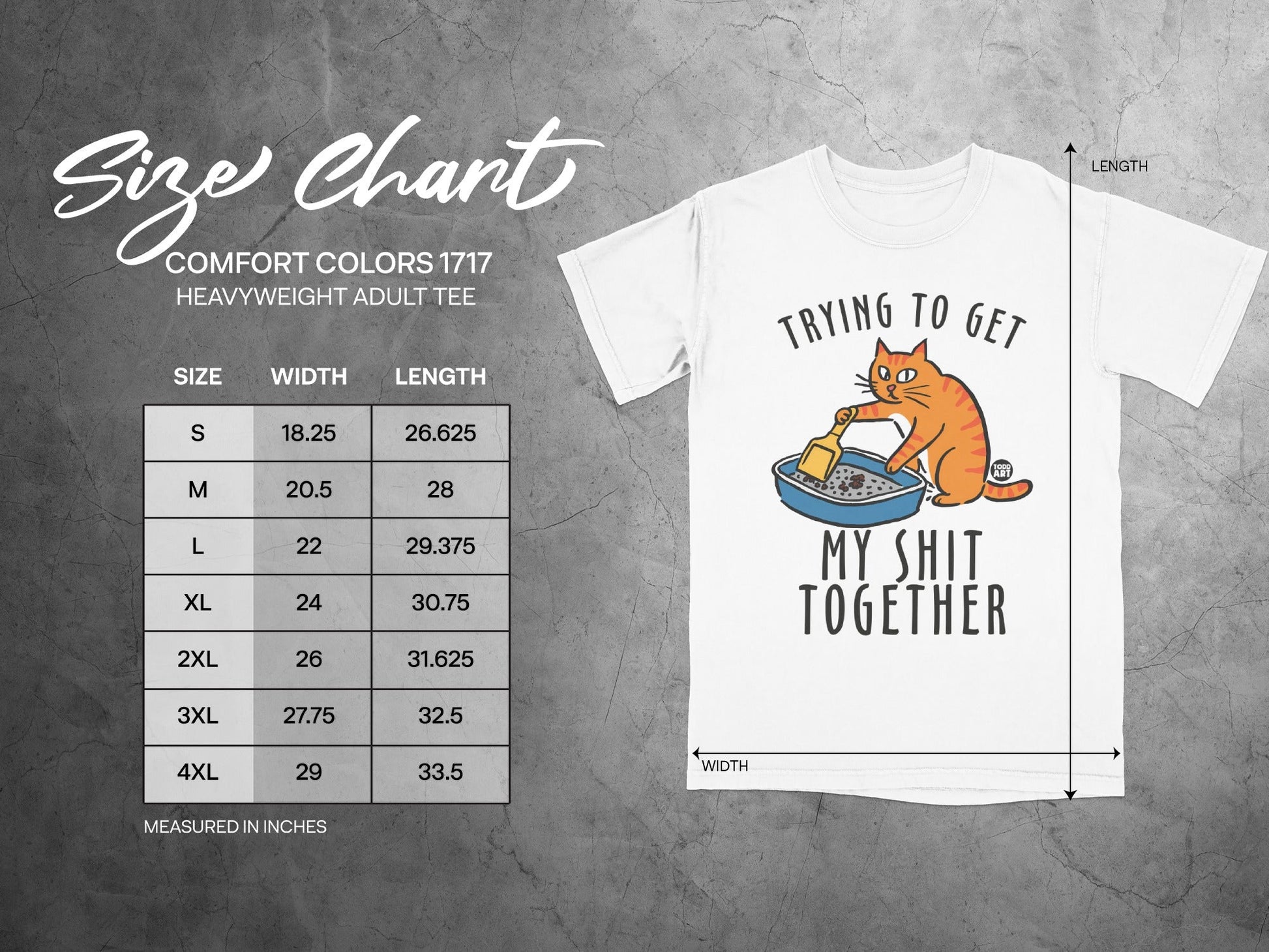 Size chart for Comfort Colors 1717 Heavyweight Adult Tee with graphic.