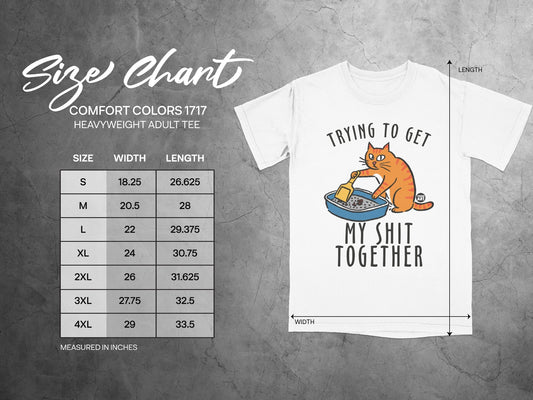 Size chart for Comfort Colors 1717 Heavyweight Adult Tee with graphic.