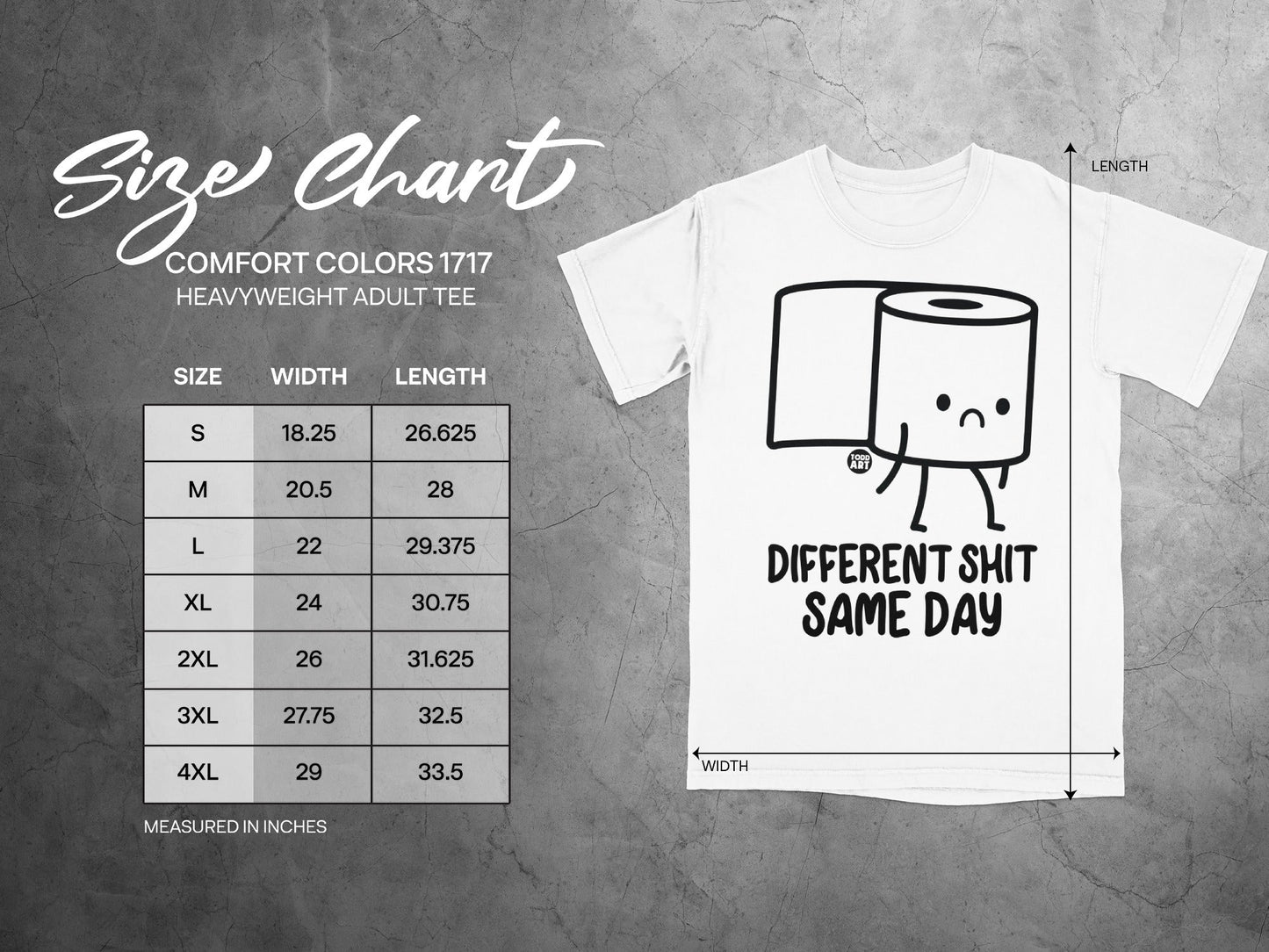 Size chart for Comfort Colors 1717 heavyweight adult tee with toilet paper graphic.