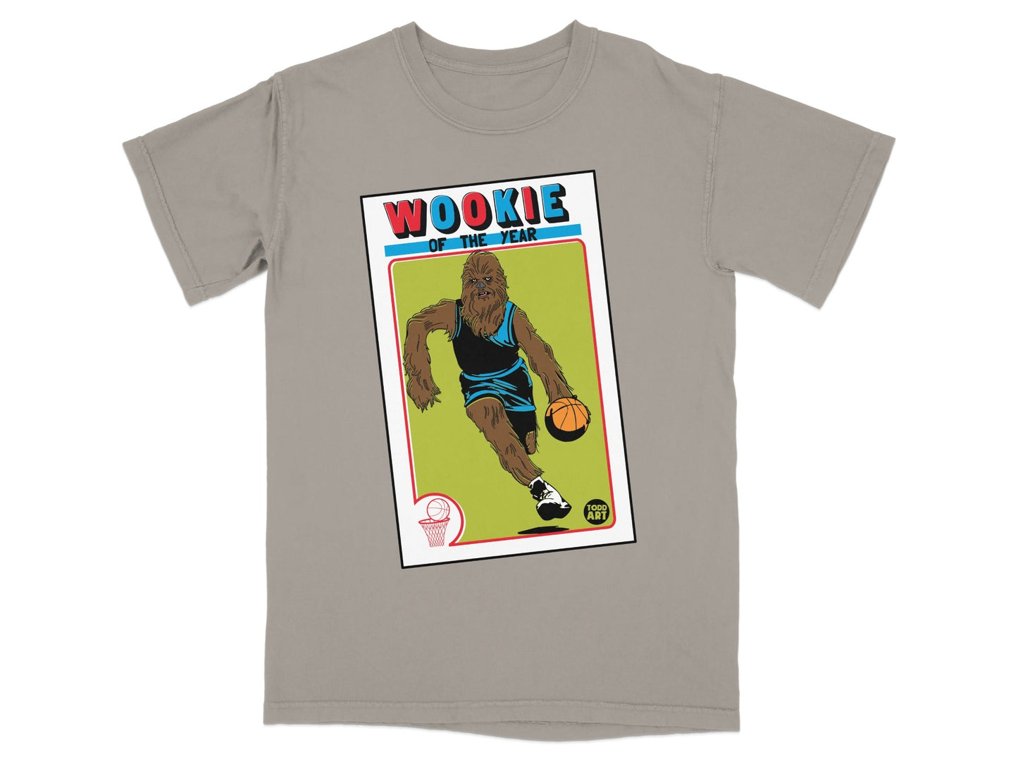 Chewbacca basketball card graphic on a grey t-shirt.