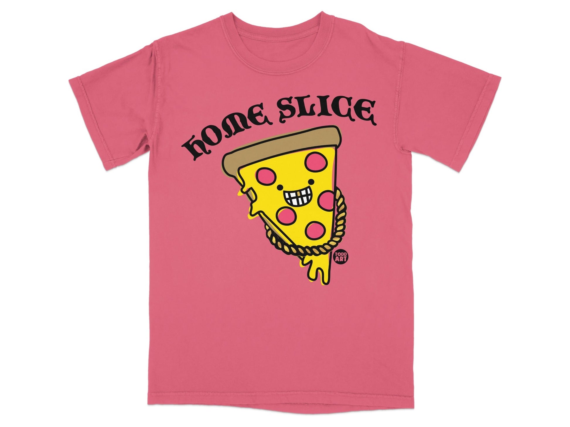 Pink t-shirt with a cartoon slice of pizza wearing a gold chain.