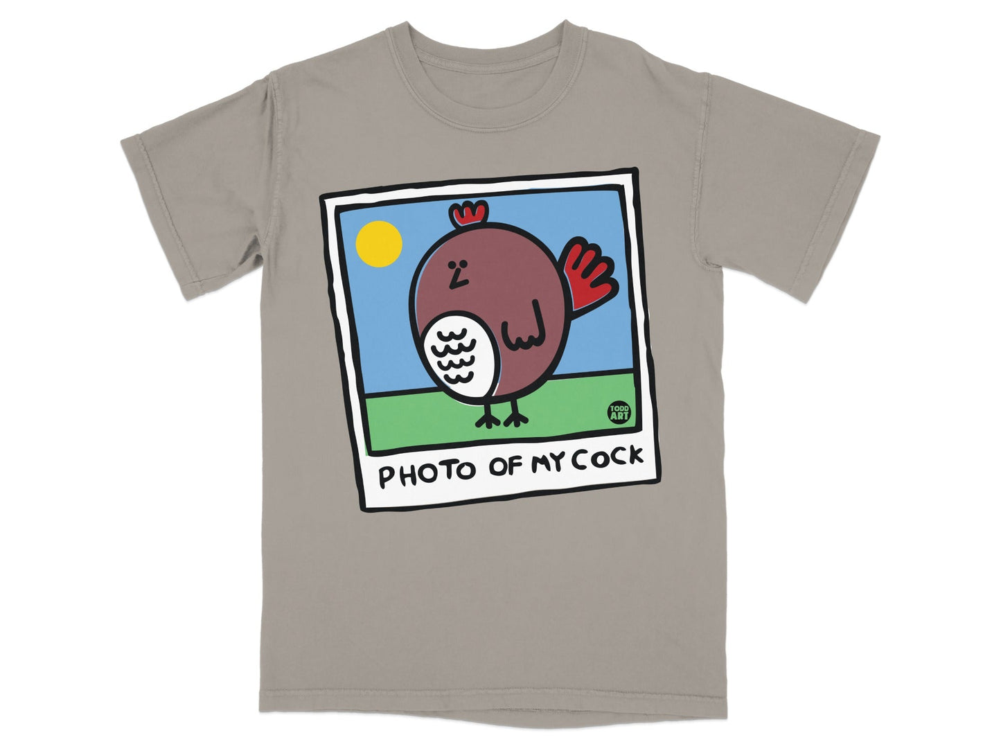 Cartoon chicken in a photo frame with text "PHOTO OF MY COCK".