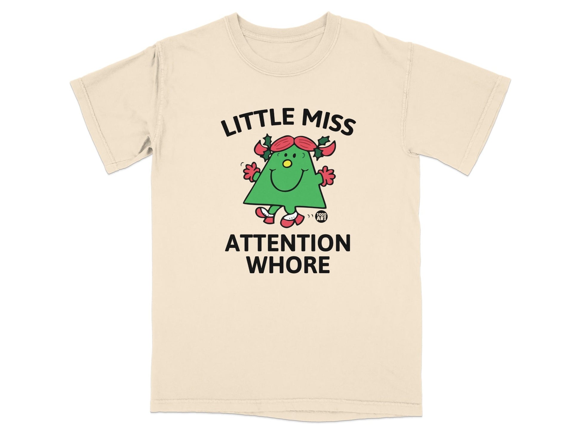 T-shirt with a cartoon green character and "LITTLE MISS ATTENTION WHORE" text.