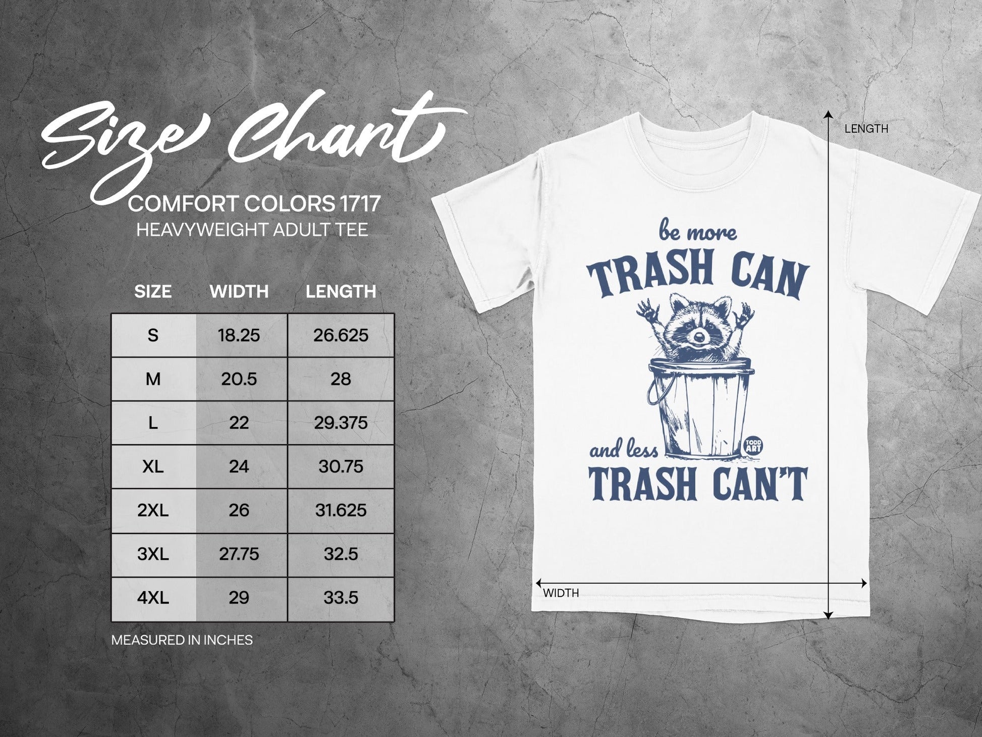 Size chart for Comfort Colors 1717 heavyweight adult tee with raccoon graphic.