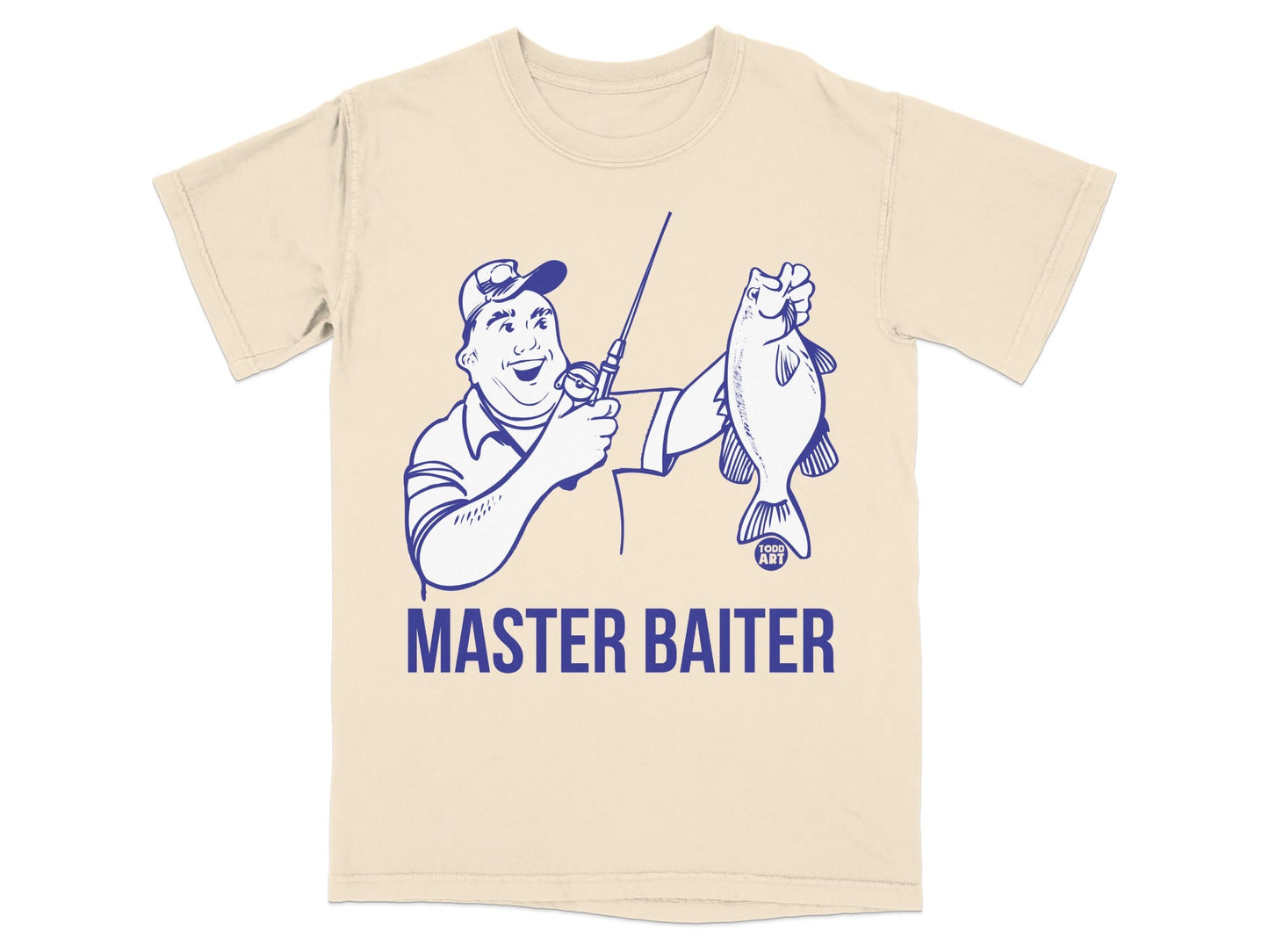 T-shirt with cartoon fisherman holding a fish, text "MASTER BAITER".