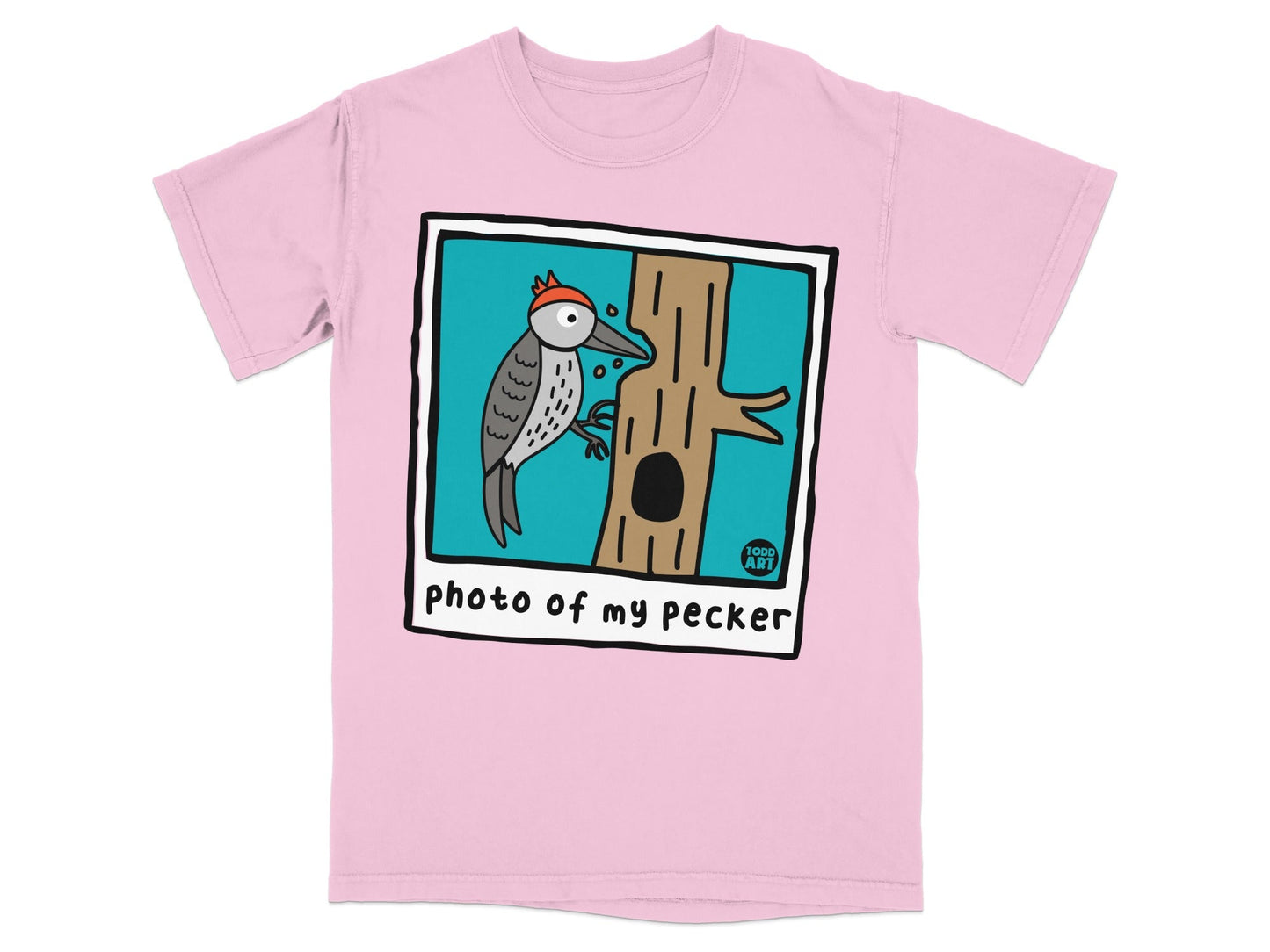 Pink t-shirt with cartoon woodpecker on tree with "photo of my pecker" text.