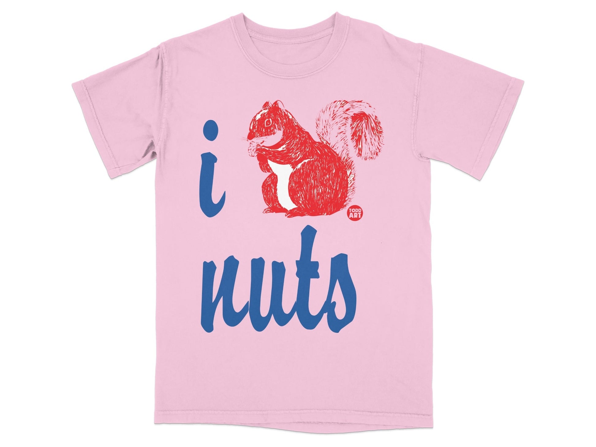 Pink t-shirt with "I ‚ù§Ô∏è nuts" and squirrel graphic.