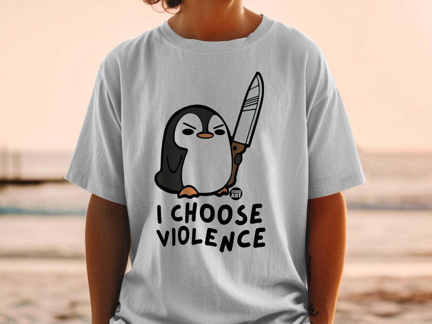 Angry Penguin with Knife T-Shirt, I Choose Violence Funny Meme Shirt, Chaotic Cute Animal Tee, Dark Humor Gift Top, Sarcastic Graphic