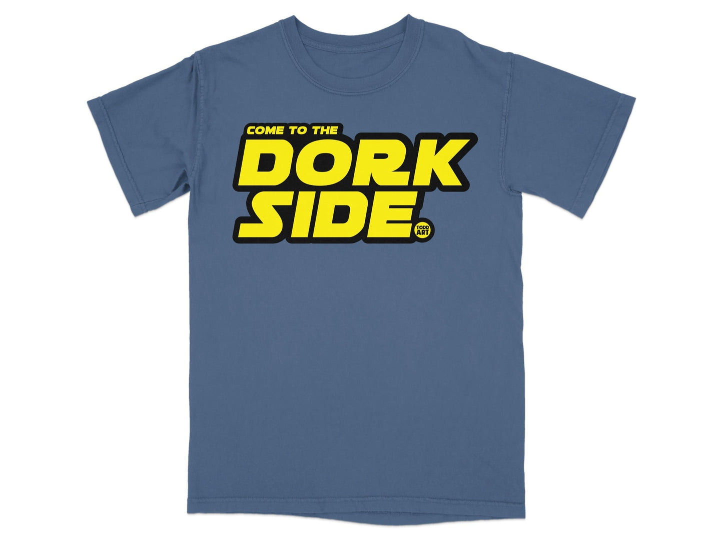Blue t-shirt with "COME TO THE DORK SIDE" in yellow and black text.