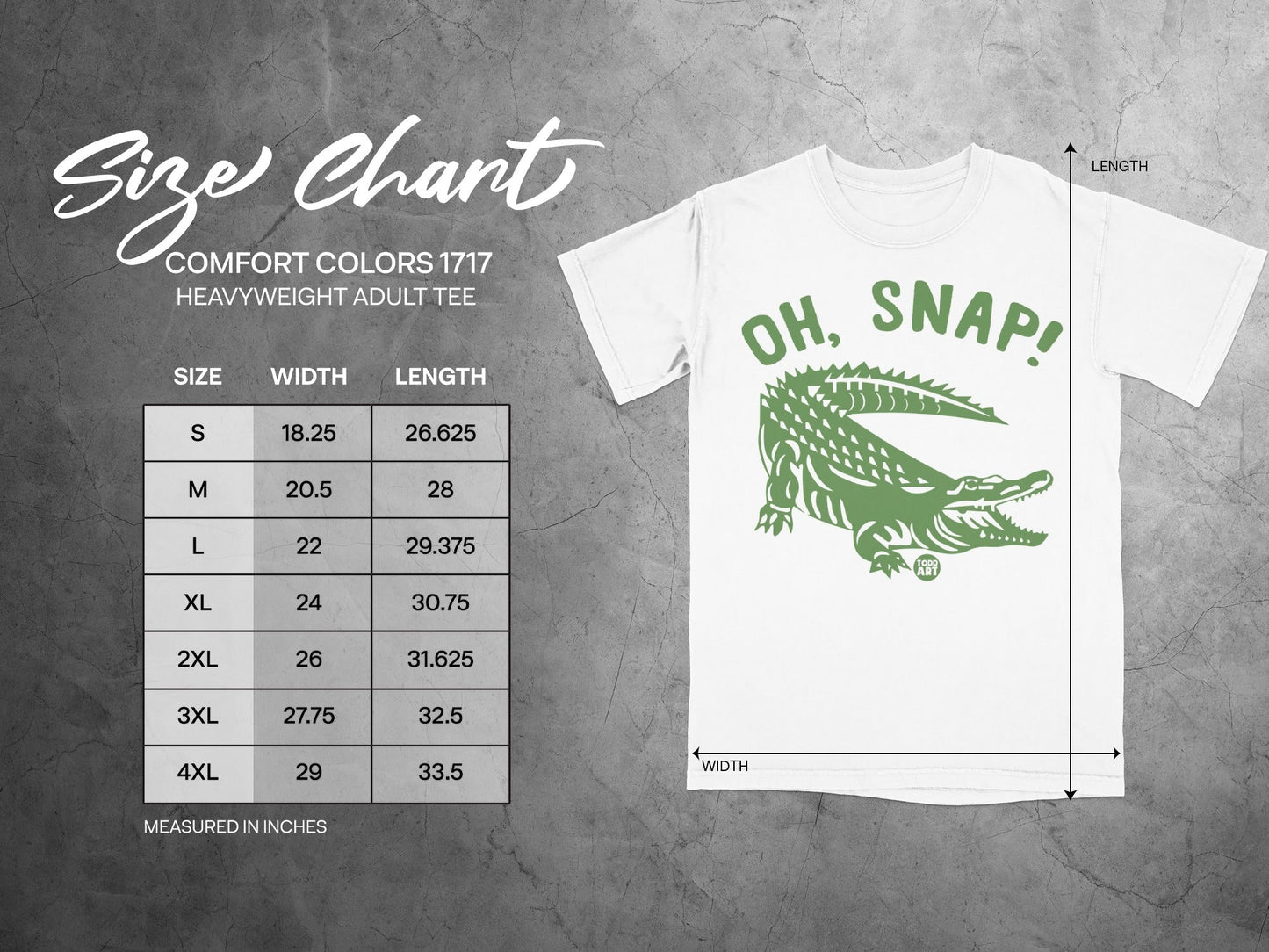 Comfort Colors 1717 size chart for heavyweight adult tee with crocodile graphic.