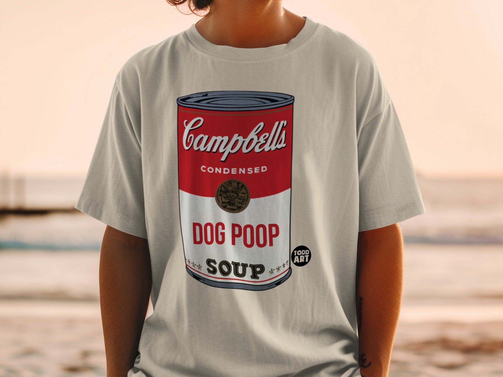 T-shirt with Campbell's soup can design featuring "Dog Poop" label.
