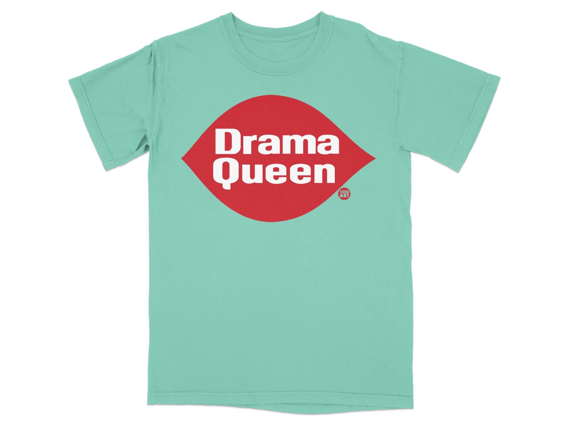 Teal t-shirt with red "Drama Queen" graphic and small "ART" logo.