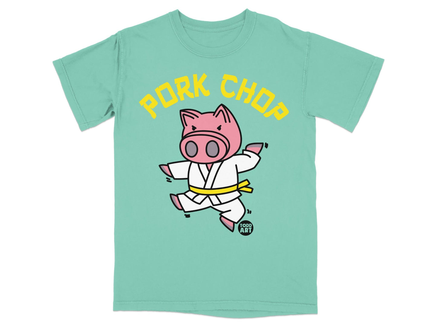 Cartoon pig in a karate gi performing a kick with "PORK CHOP" text.