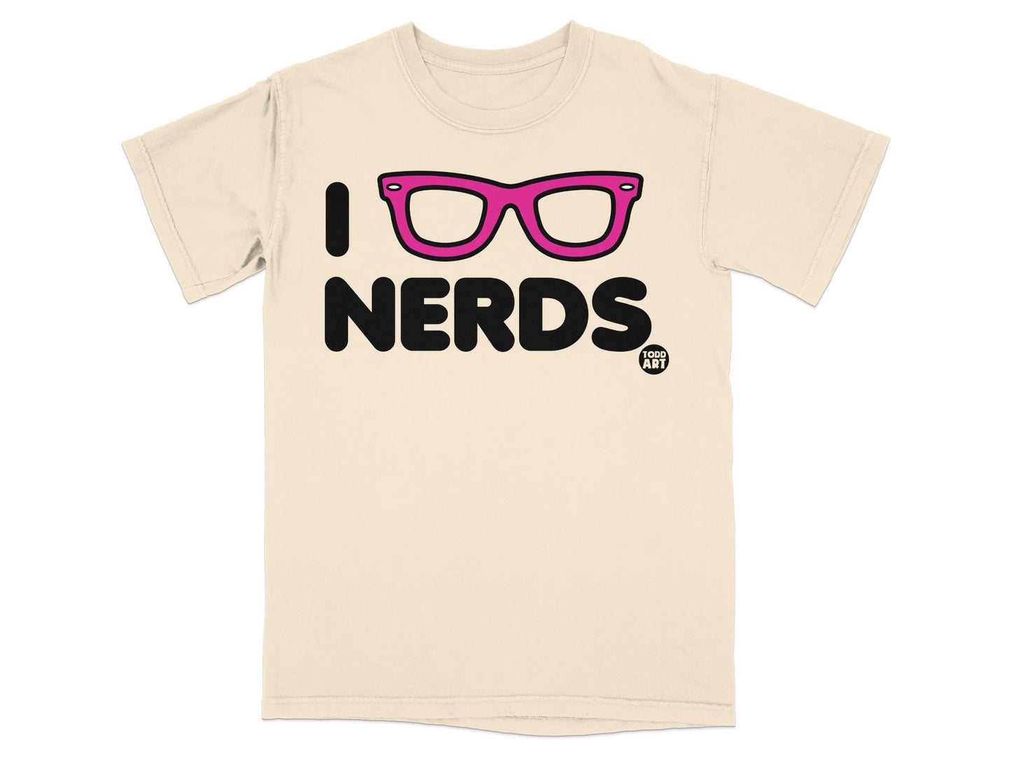 Cream t-shirt with pink glasses and "I love NERDS" text.