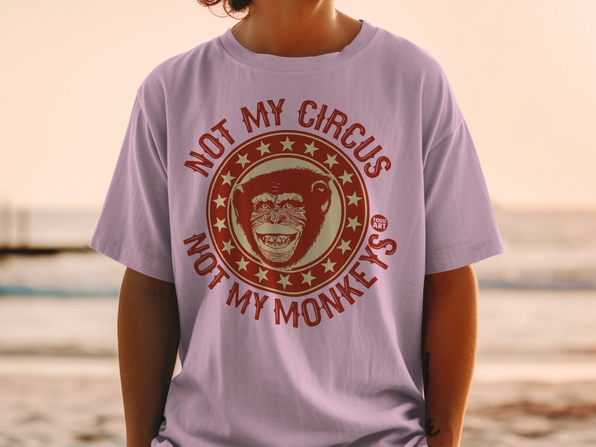 Purple t-shirt with graphic of monkey face and text "NOT MY CIRCUS NOT MY MONKEYS".