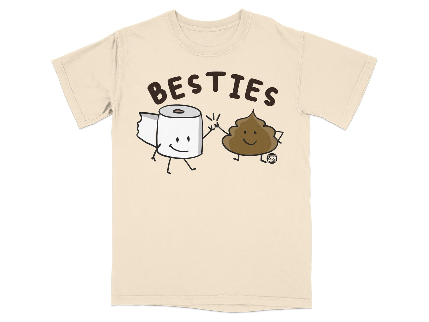 T-shirt with cartoon toilet paper roll and poop giving a high five, text "BESTIES".