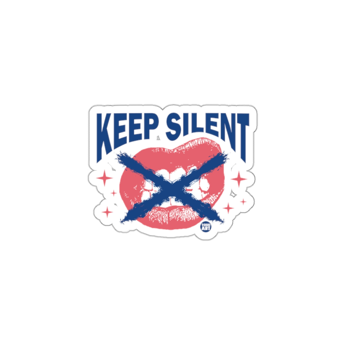Keep Silent Sticker with Red Lips and Blue Cross Design