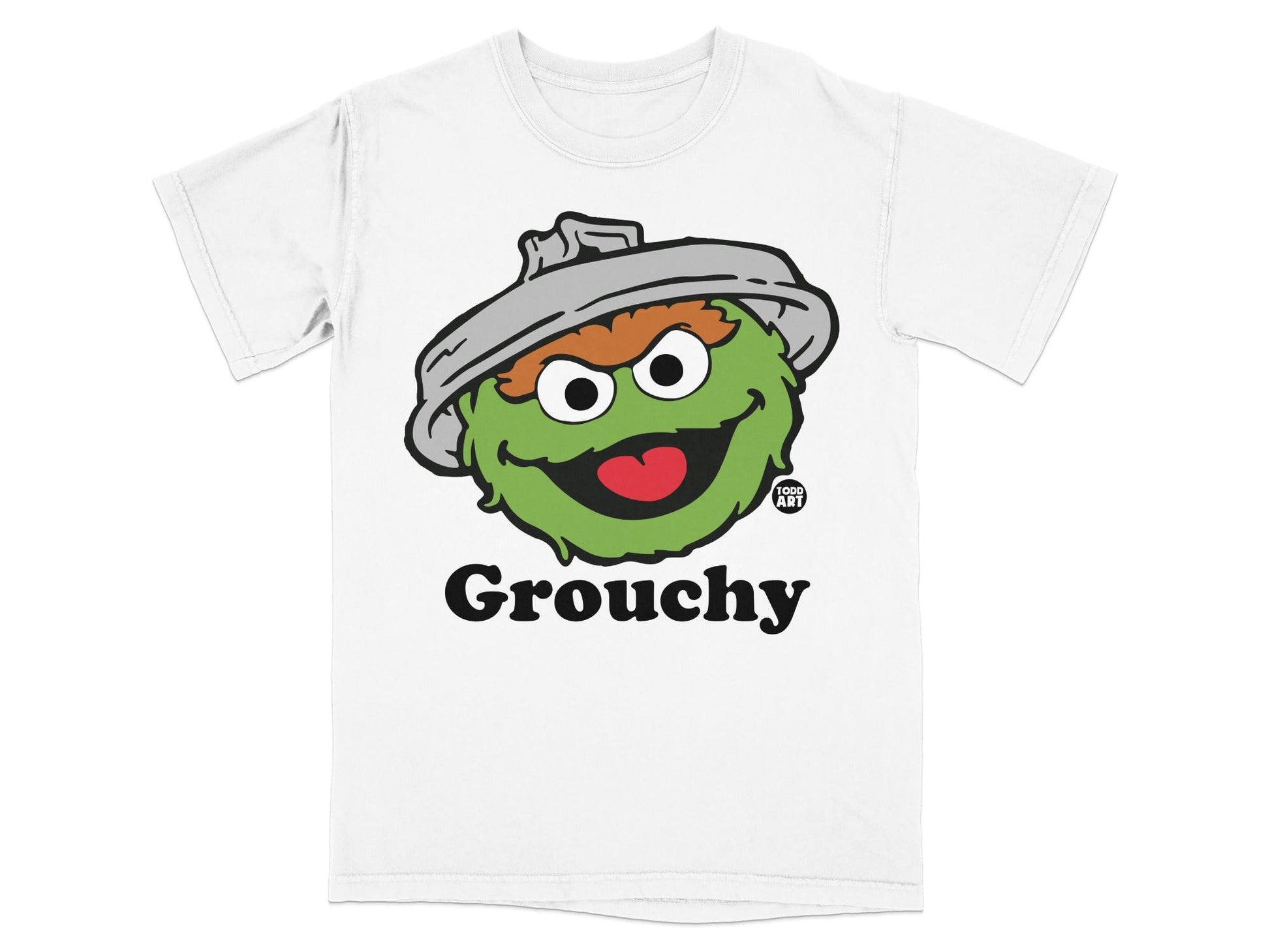 White t-shirt with Oscar the Grouch's smiling face and the text "Grouchy".