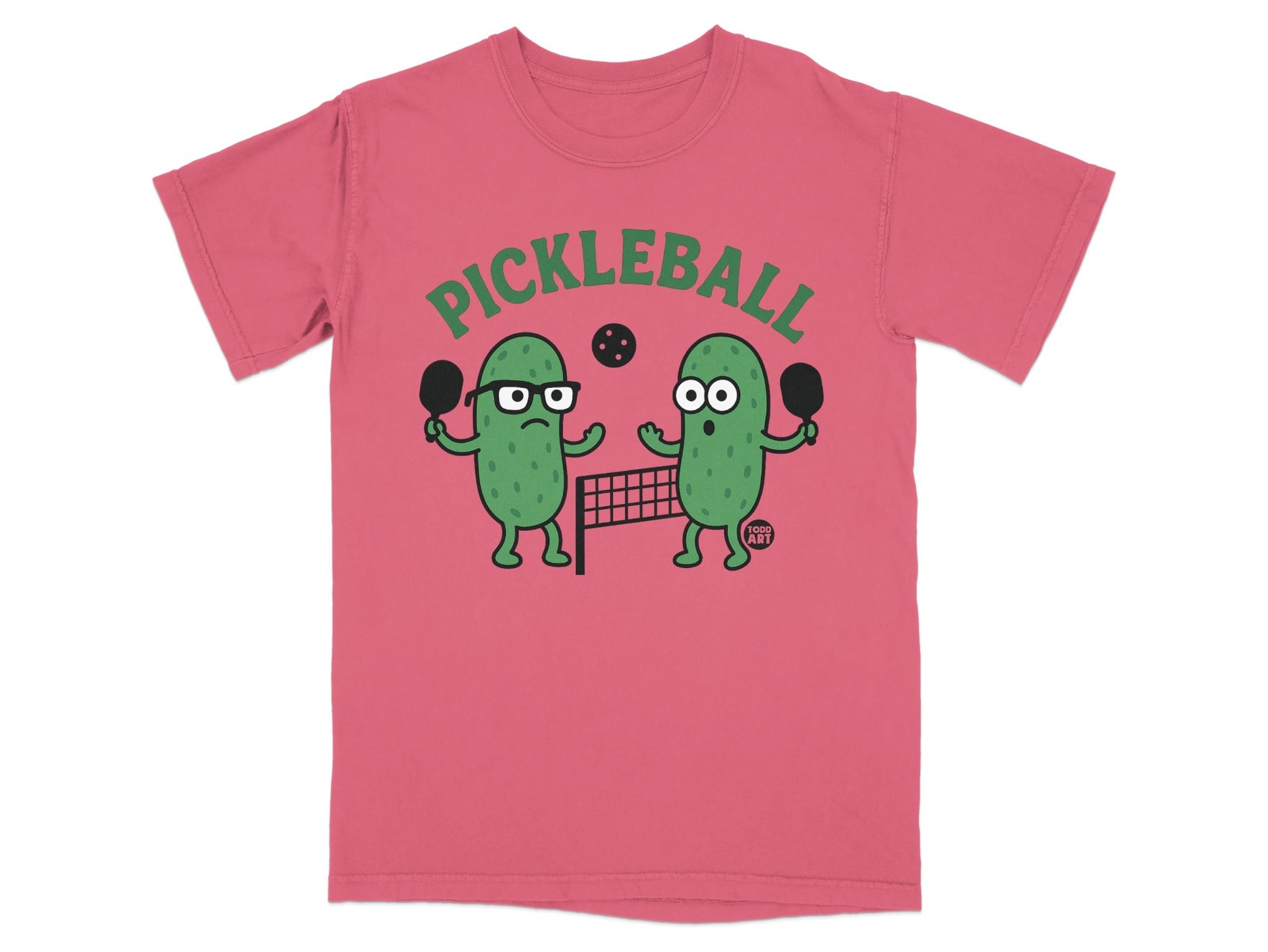 Two cartoon pickles play pickleball on a court, wearing t-shirts.