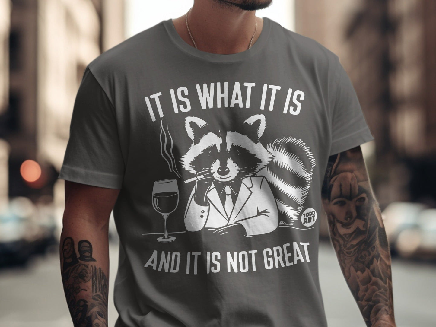 Gray t-shirt with raccoon in suit smoking and "IT IS WHAT IT IS AND IT IS NOT GREAT" text.
