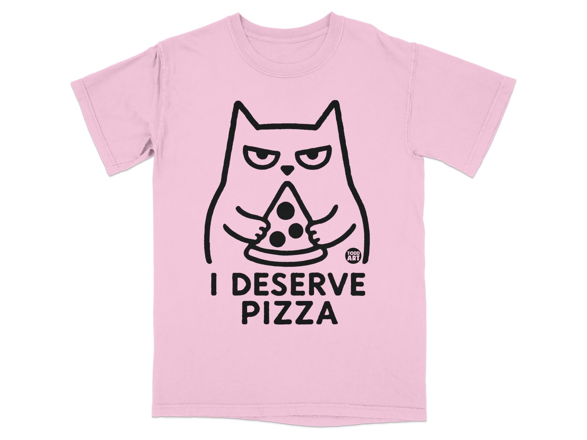 Pink t-shirt with a black line drawing of a cat holding a slice of pizza.