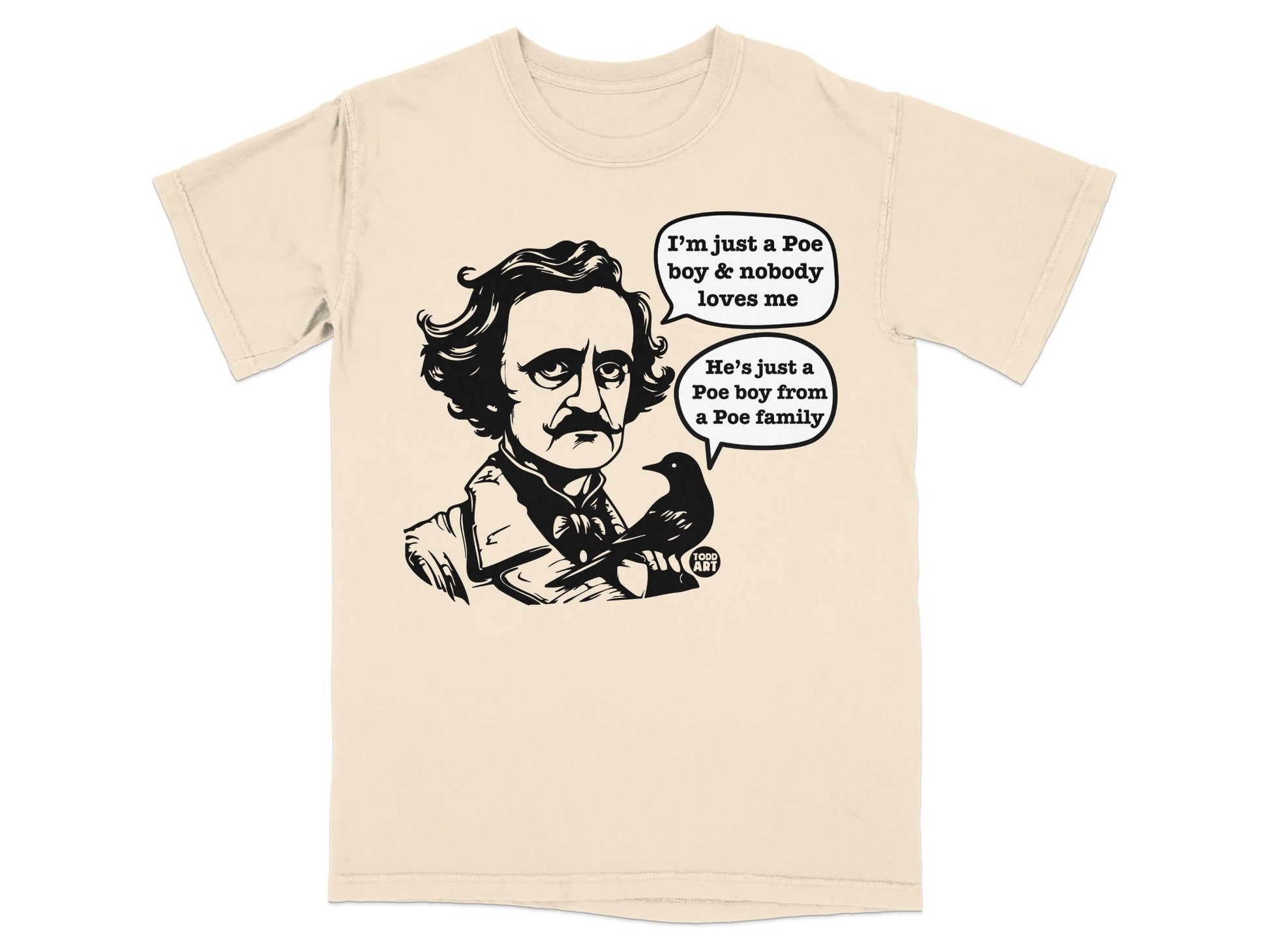 Edgar Allan Poe with a raven, speaking in speech bubbles.
