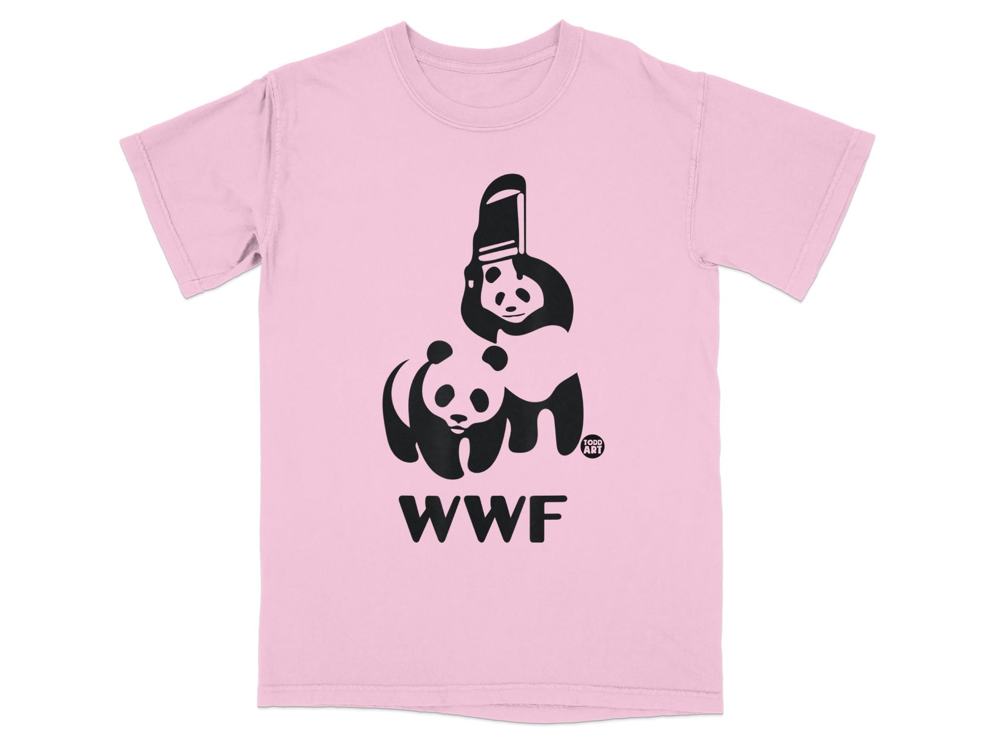 Pink t-shirt with black WWF panda logo and "GOOD ART" text.