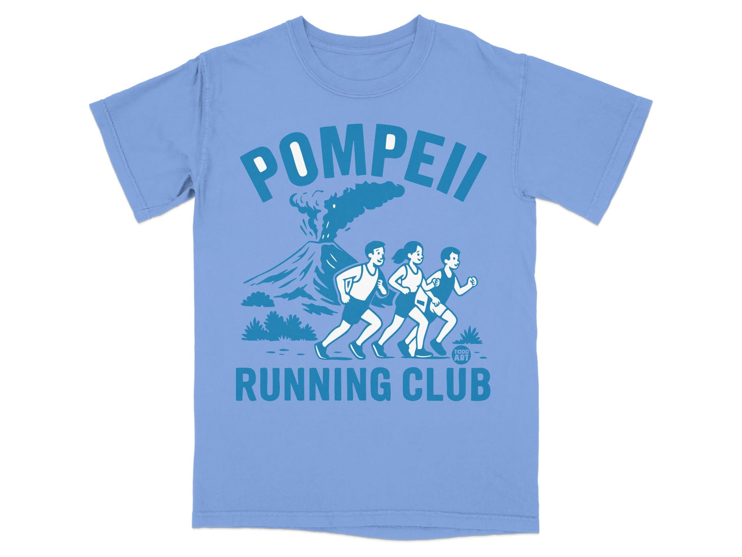Pompeii Running Club t-shirt with volcano and runners graphic.